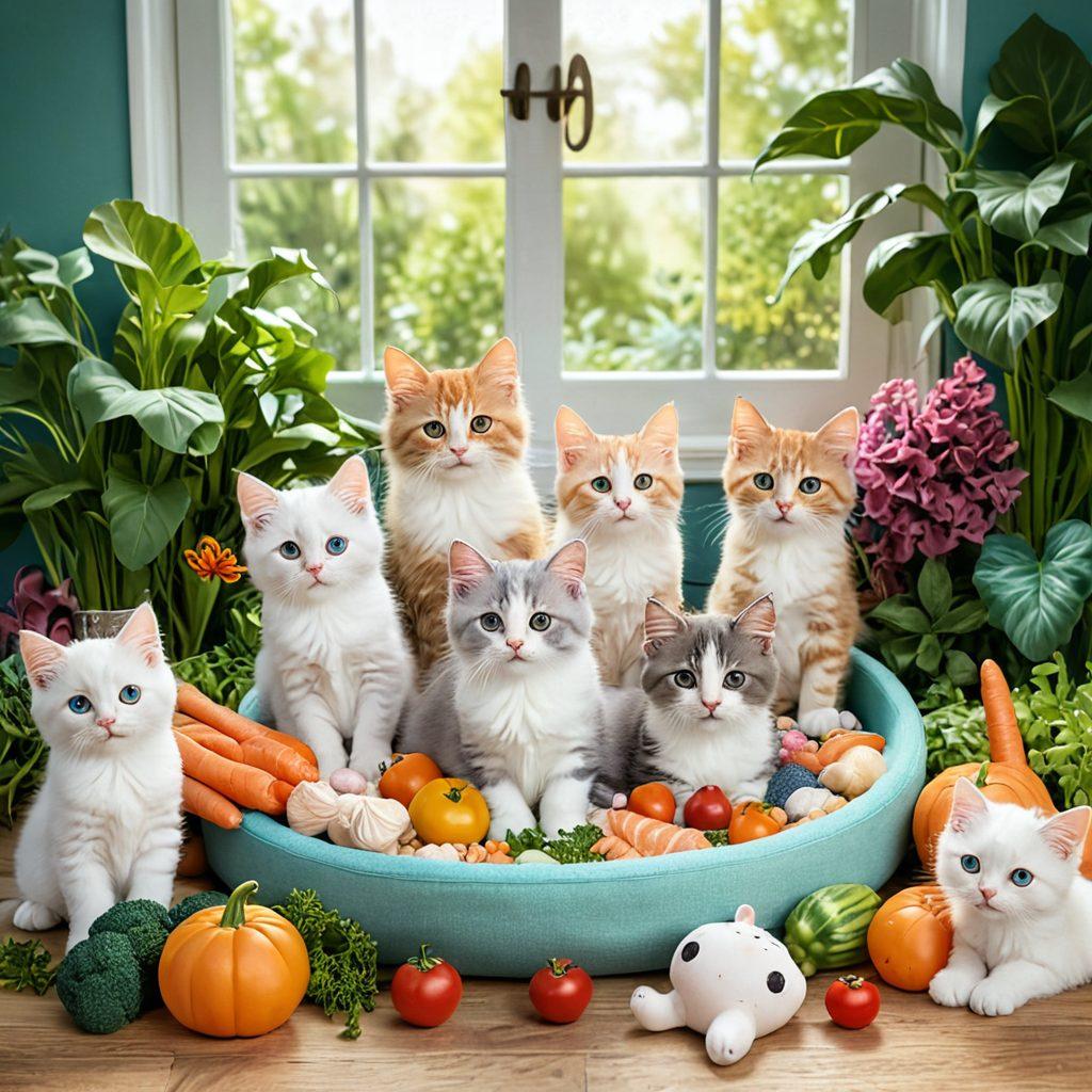 A whimsical scene depicting a variety of playful kittens surrounded by nutritious food items like fish, vegetables, and kibble. In the background, soft pastel-colored paw prints lead to a cozy cat bed, symbolizing comfort and care. Add vibrant greenery to represent a healthy environment. The lighting is warm and welcoming, inviting readers into the world of kitten care. 3D illustration. vibrant colors. soft focus.