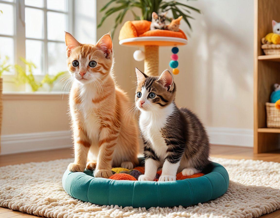 A playful scene featuring a variety of adorable kittens engaging in a fun-filled playtime with colorful toys scattered around them, alongside a cozy training area with a soft cat tree and playful scratching posts. The kittens should exhibit different breeds and colors, showcasing their lively nature and happiness. The background should be warm and inviting, with soft sunlight filtering in, enhancing the joyful atmosphere. vibrant colors. super-realistic.